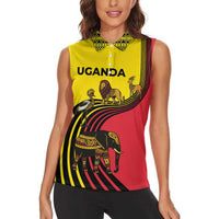 Uganda Women Sleeveless Polo Shirt with African Wildlife Elephant Lion and Crane in Tribal Pattern Design