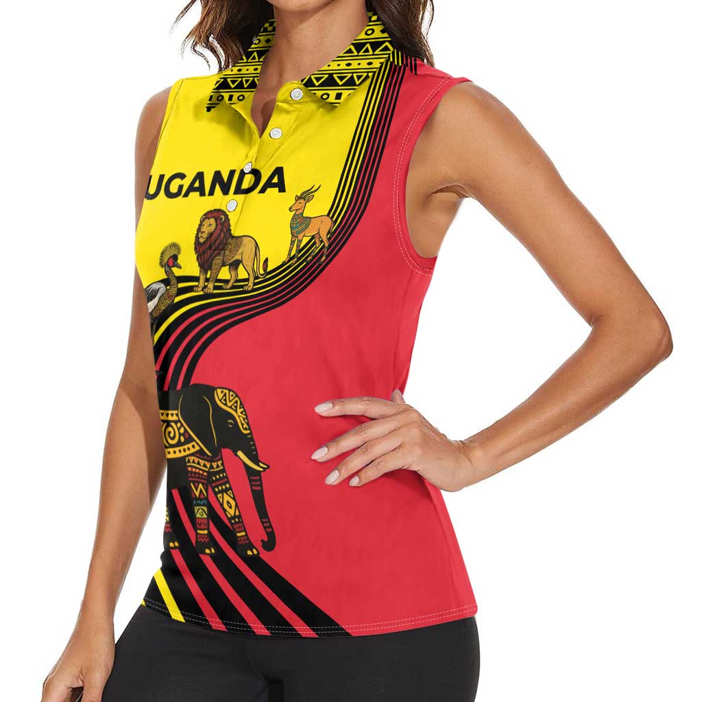 Uganda Women Sleeveless Polo Shirt with African Wildlife Elephant Lion and Crane in Tribal Pattern Design