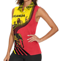 Uganda Women Sleeveless Polo Shirt with African Wildlife Elephant Lion and Crane in Tribal Pattern Design