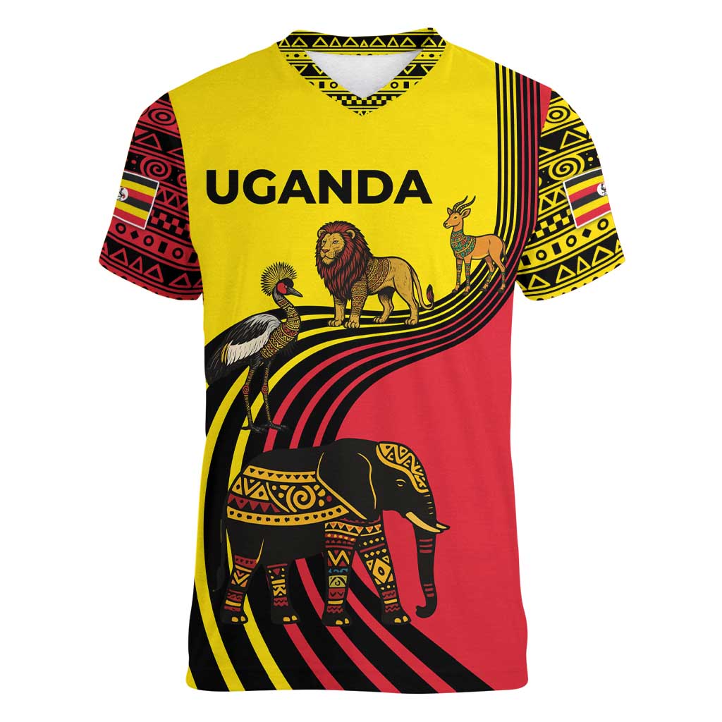 Uganda Women V-Neck T-Shirt with African Wildlife Elephant Lion and Crane in Tribal Pattern Design
