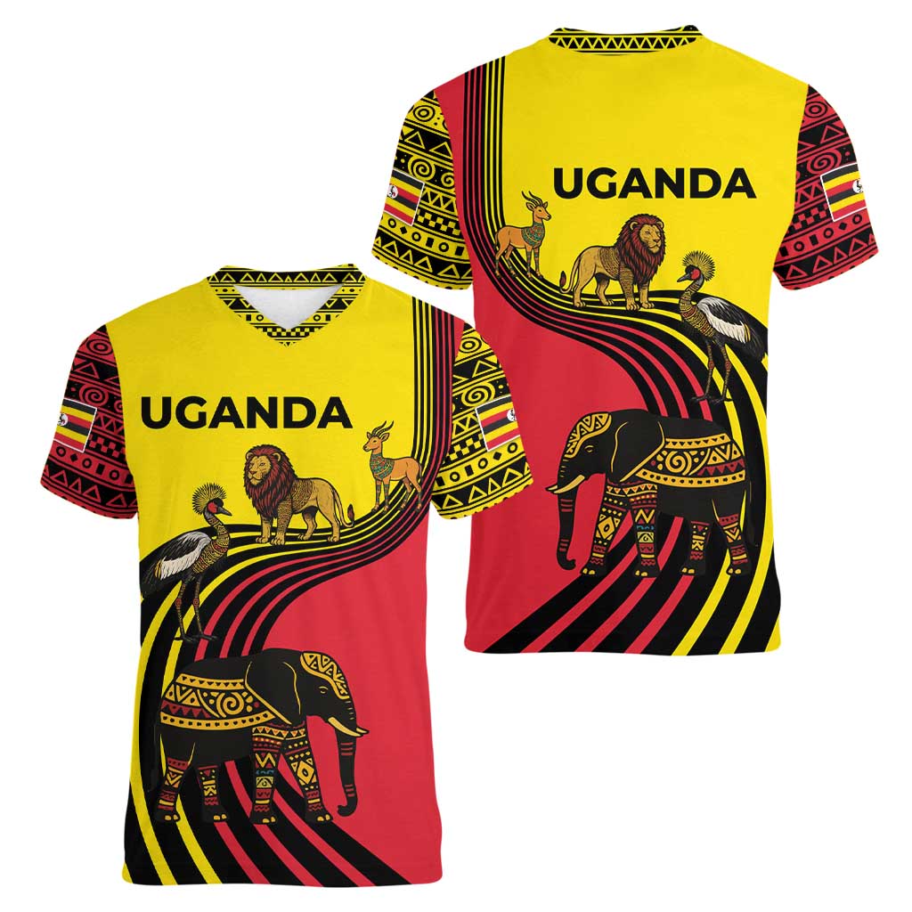 Uganda Women V-Neck T-Shirt with African Wildlife Elephant Lion and Crane in Tribal Pattern Design