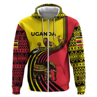 Uganda Zip Hoodie with African Wildlife Elephant Lion and Crane in Tribal Pattern Design
