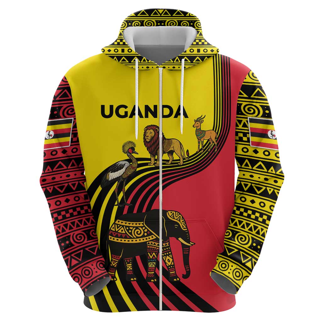 Uganda Zip Hoodie with African Wildlife Elephant Lion and Crane in Tribal Pattern Design