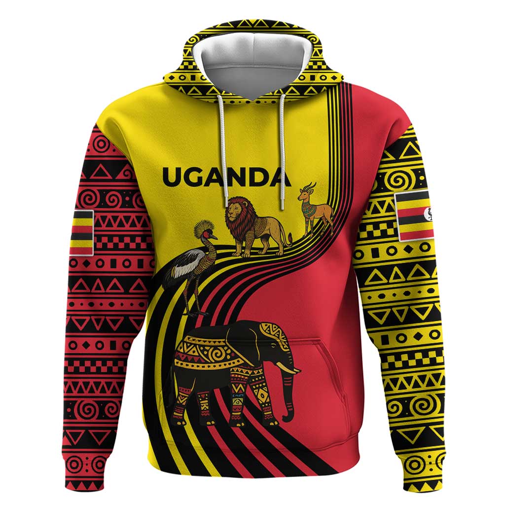 Uganda Zip Hoodie with African Wildlife Elephant Lion and Crane in Tribal Pattern Design