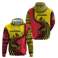Uganda Zip Hoodie with African Wildlife Elephant Lion and Crane in Tribal Pattern Design