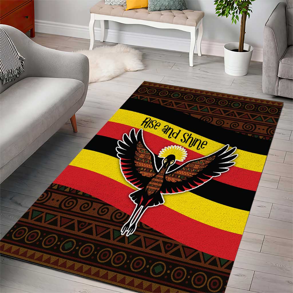 Uganda Area Rug with Crested Crane and Rise and Shine Tribal Pattern Design