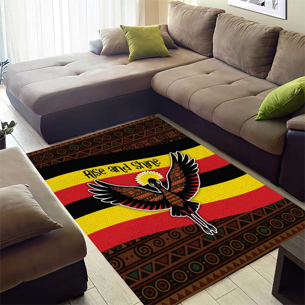 Uganda Area Rug with Crested Crane and Rise and Shine Tribal Pattern Design