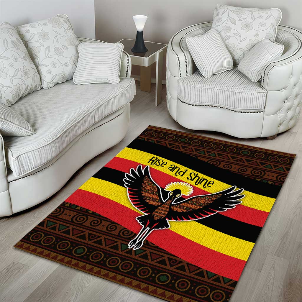 Uganda Area Rug with Crested Crane and Rise and Shine Tribal Pattern Design