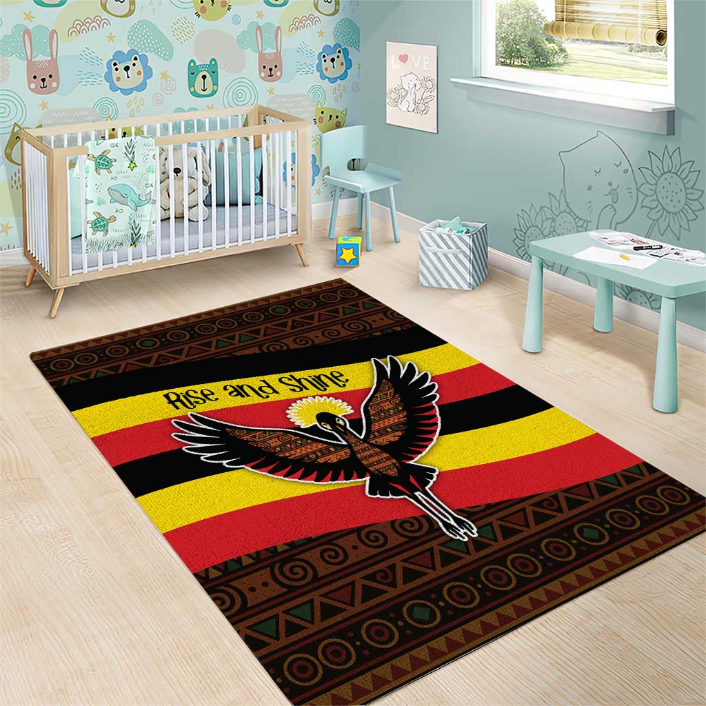 Uganda Area Rug with Crested Crane and Rise and Shine Tribal Pattern Design