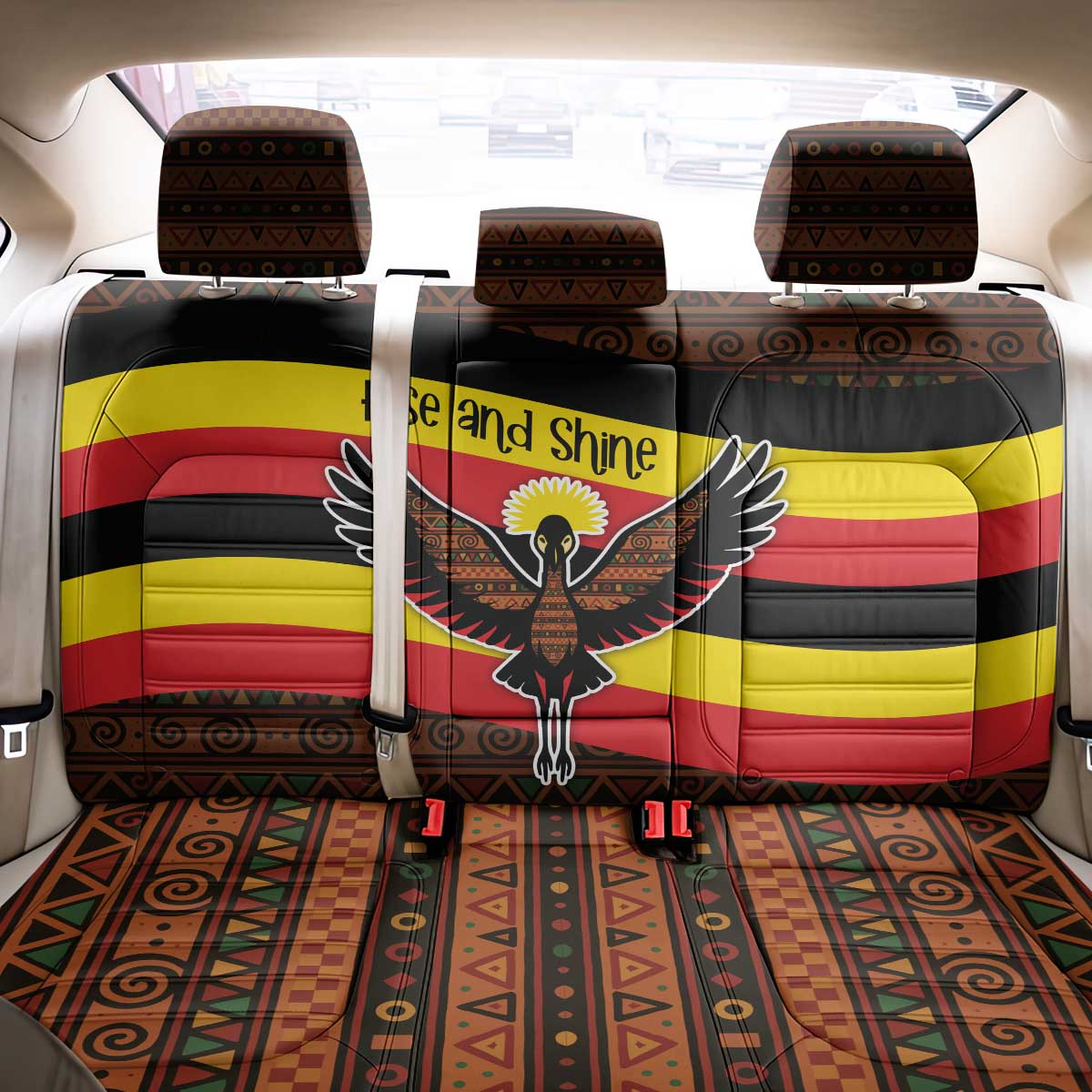 Uganda Back Car Seat Cover with Crested Crane and Rise and Shine Tribal Pattern Design