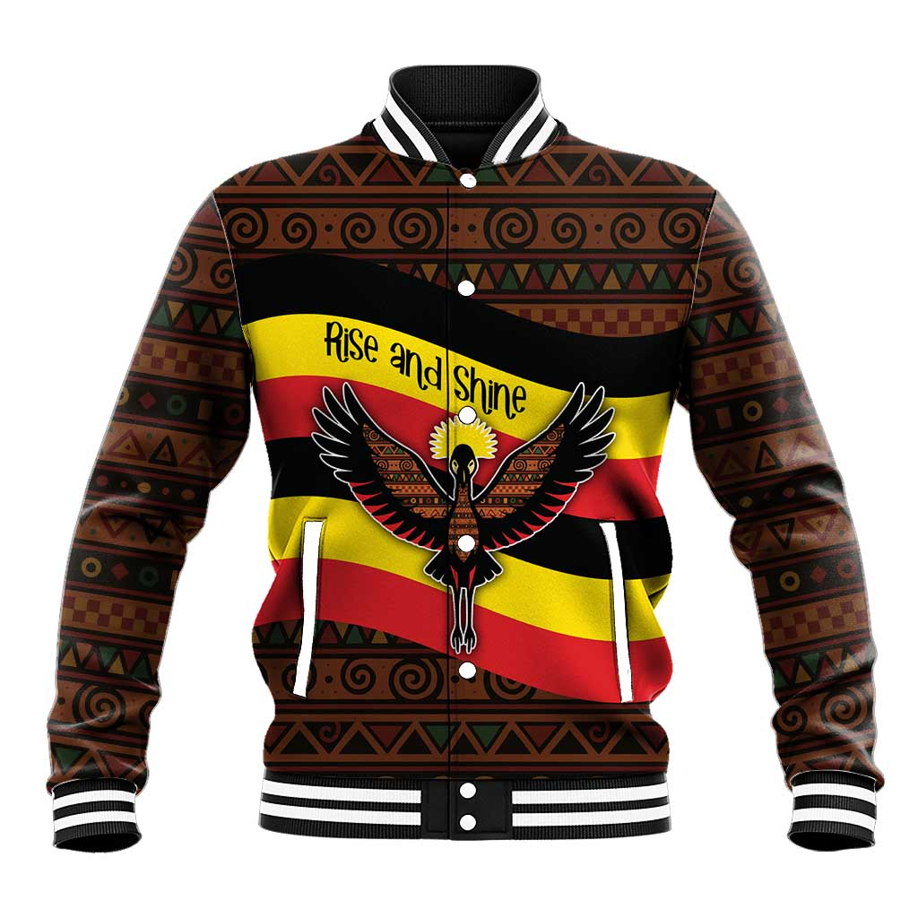 Uganda Baseball Jacket with Crested Crane and Rise and Shine Tribal Pattern Design