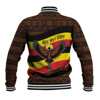 Uganda Baseball Jacket with Crested Crane and Rise and Shine Tribal Pattern Design