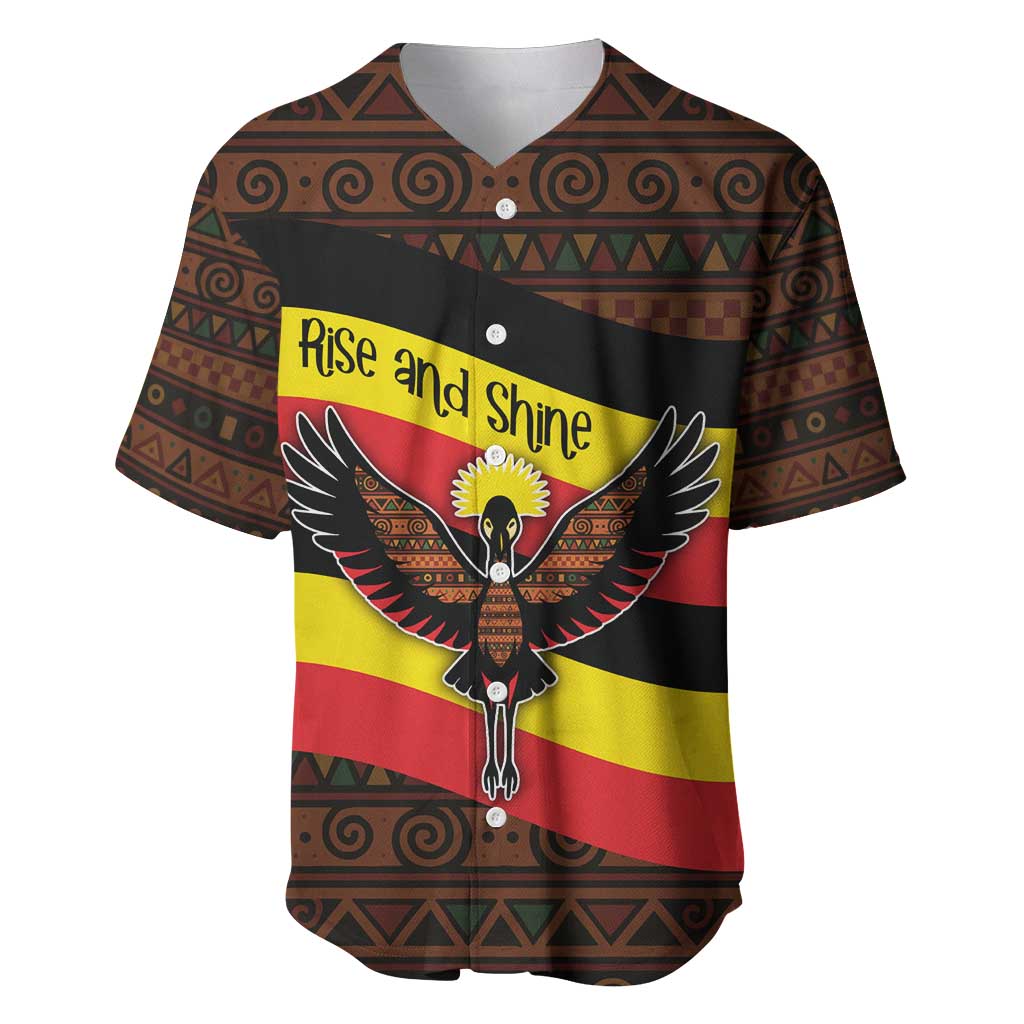 Uganda Baseball Jersey with Crested Crane and Rise and Shine Tribal Pattern Design