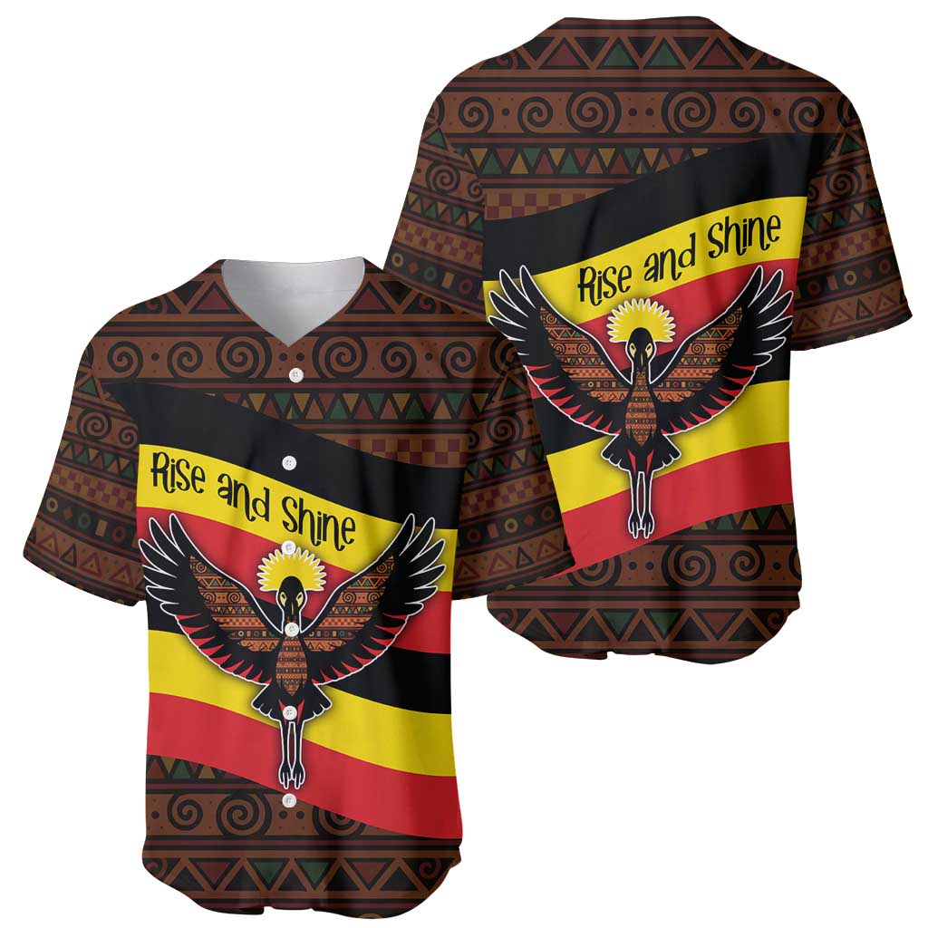 Uganda Baseball Jersey with Crested Crane and Rise and Shine Tribal Pattern Design