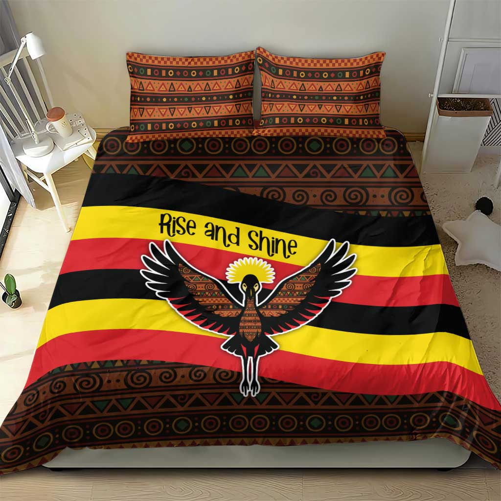 Uganda Bedding Set with Crested Crane and Rise and Shine Tribal Pattern Design