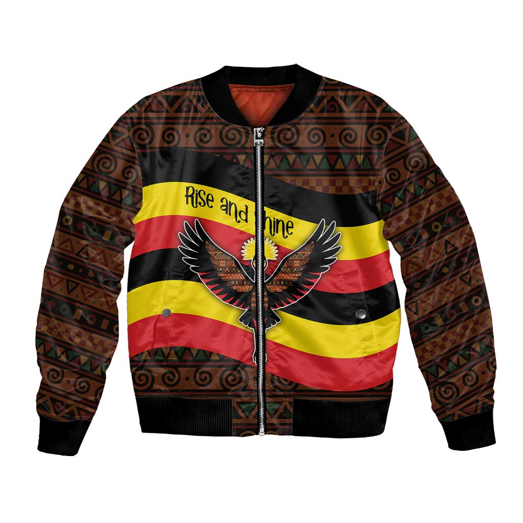 Uganda Bomber Jacket with Crested Crane and Rise and Shine Tribal Pattern Design