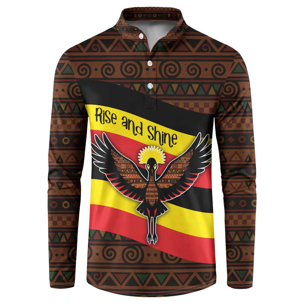 Uganda Button Sweatshirt with Crested Crane and Rise and Shine Tribal Pattern Design