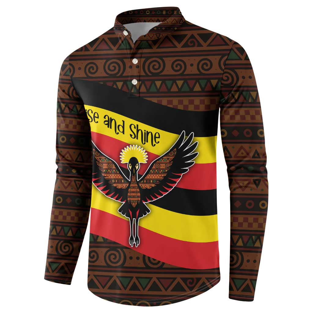 Uganda Button Sweatshirt with Crested Crane and Rise and Shine Tribal Pattern Design