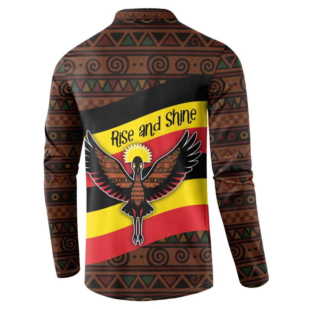 Uganda Button Sweatshirt with Crested Crane and Rise and Shine Tribal Pattern Design