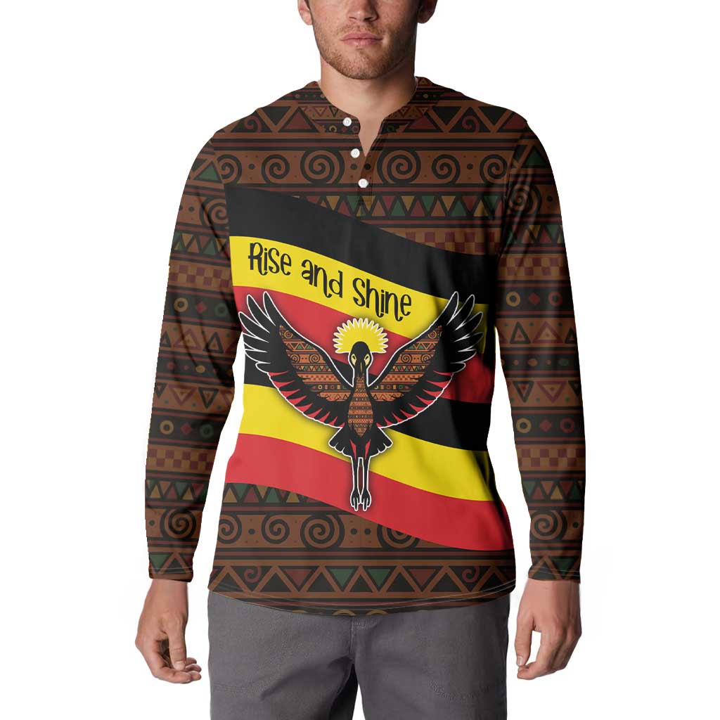 Uganda Button Sweatshirt with Crested Crane and Rise and Shine Tribal Pattern Design