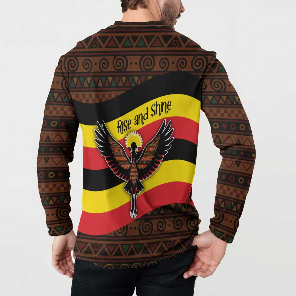 Uganda Button Sweatshirt with Crested Crane and Rise and Shine Tribal Pattern Design