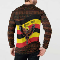 Uganda Button Sweatshirt with Crested Crane and Rise and Shine Tribal Pattern Design