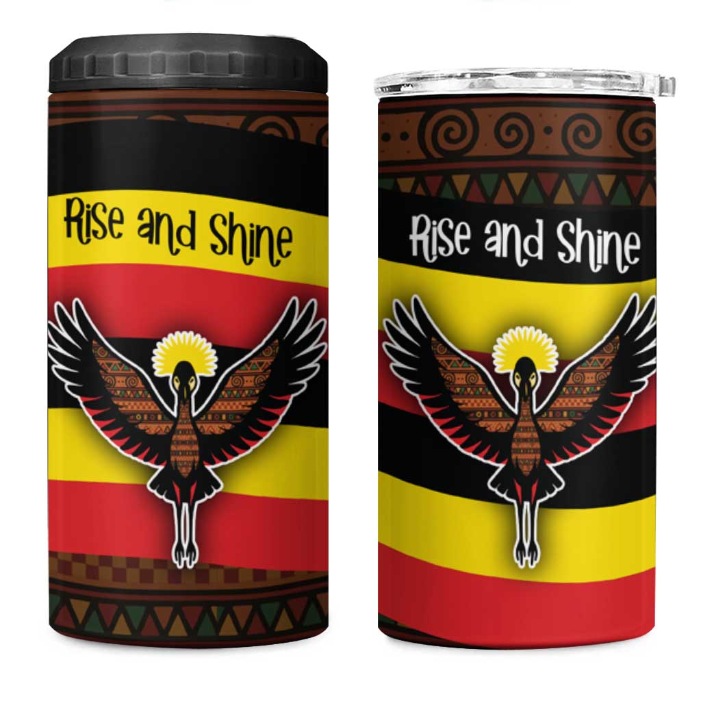 Uganda 4 in 1 Can Cooler Tumbler with Crested Crane and Rise and Shine Tribal Pattern Design