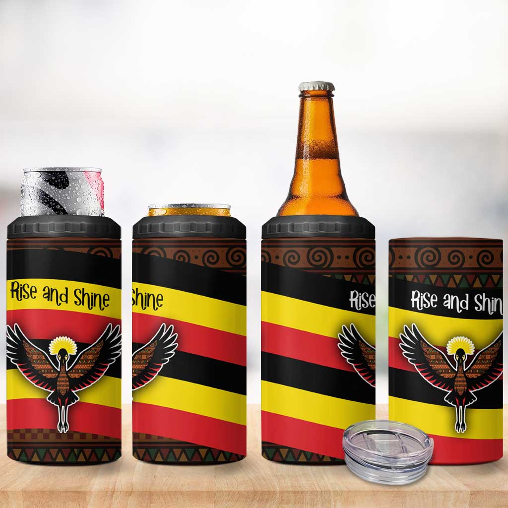 Uganda 4 in 1 Can Cooler Tumbler with Crested Crane and Rise and Shine Tribal Pattern Design