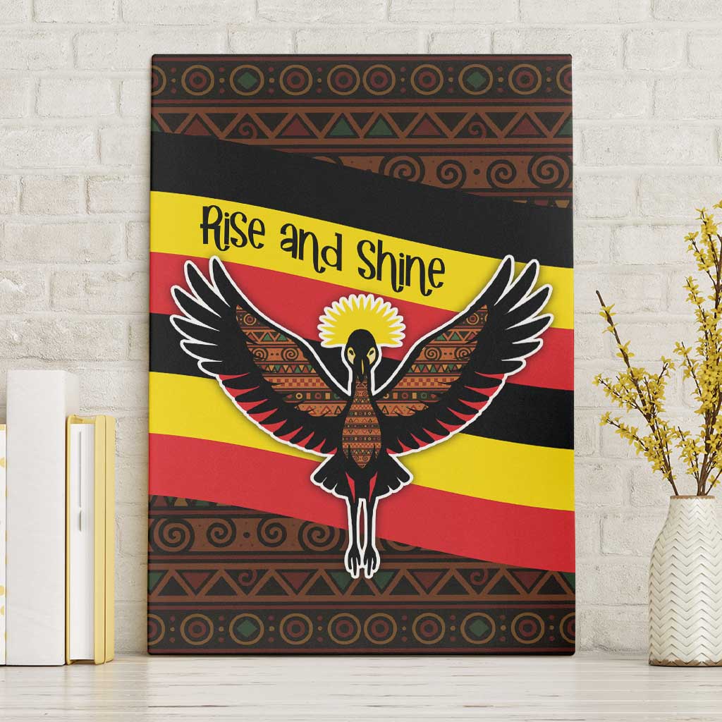 Uganda Canvas Wall Art with Crested Crane and Rise and Shine Tribal Pattern Design