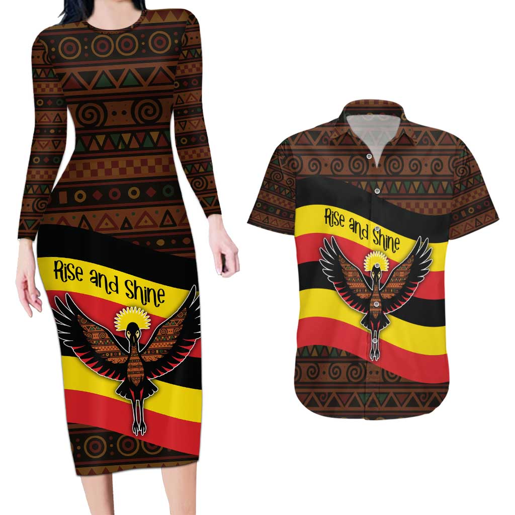 Uganda Couples Matching Long Sleeve Bodycon Dress and Hawaiian Shirt with Crested Crane and Rise and Shine Tribal Pattern Design
