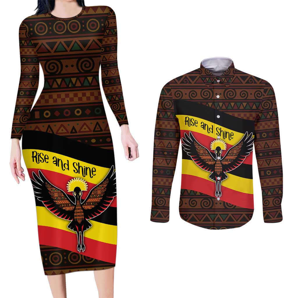 Uganda Couples Matching Long Sleeve Bodycon Dress and Long Sleeve Button Shirt with Crested Crane and Rise and Shine Tribal Pattern Design