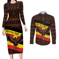 Uganda Couples Matching Long Sleeve Bodycon Dress and Long Sleeve Button Shirt with Crested Crane and Rise and Shine Tribal Pattern Design