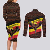 Uganda Couples Matching Long Sleeve Bodycon Dress and Long Sleeve Button Shirt with Crested Crane and Rise and Shine Tribal Pattern Design