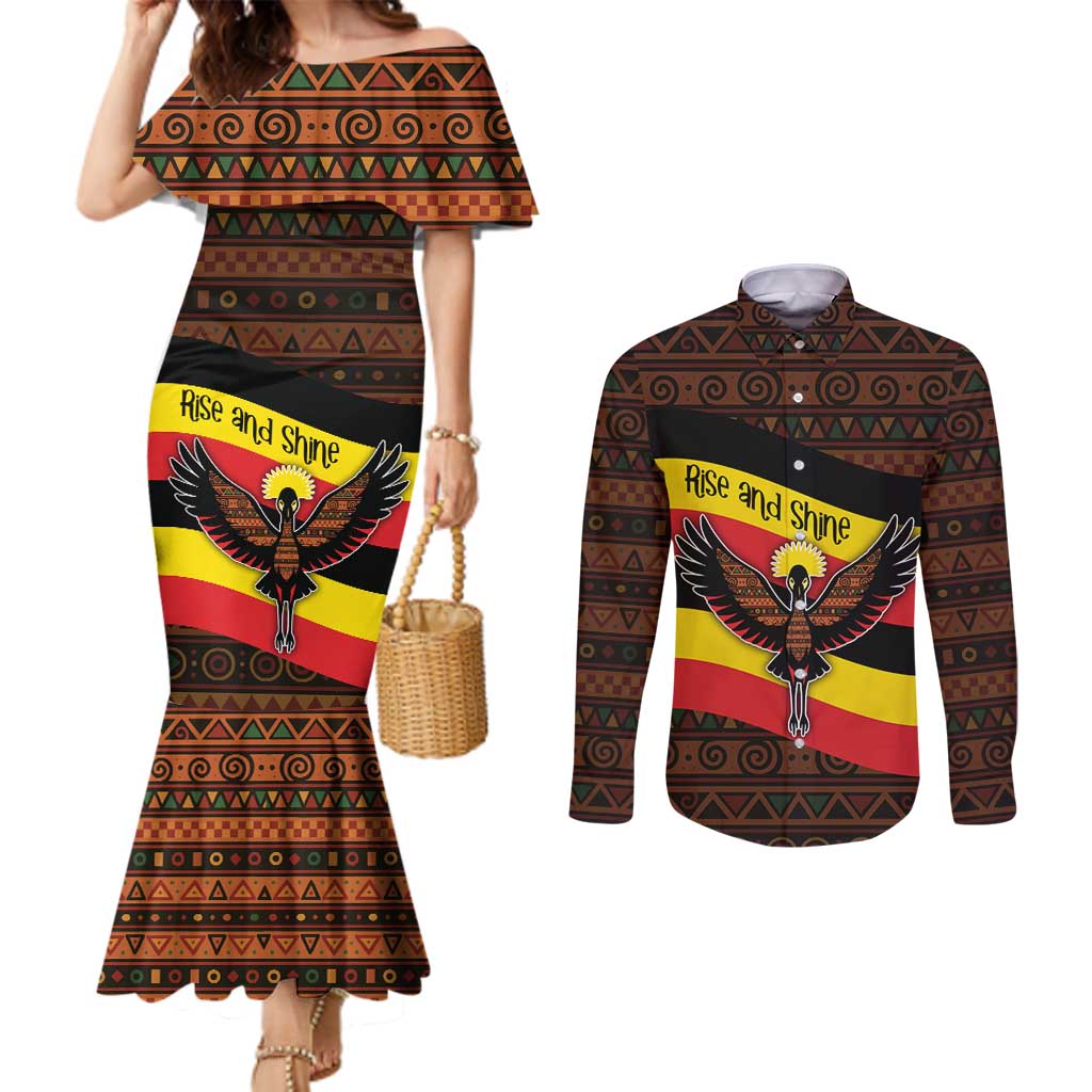 Uganda Couples Matching Mermaid Dress and Long Sleeve Button Shirt with Crested Crane and Rise and Shine Tribal Pattern Design