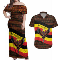 Uganda Couples Matching Off Shoulder Maxi Dress and Hawaiian Shirt with Crested Crane and Rise and Shine Tribal Pattern Design