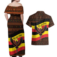 Uganda Couples Matching Off Shoulder Maxi Dress and Hawaiian Shirt with Crested Crane and Rise and Shine Tribal Pattern Design