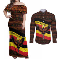 Uganda Couples Matching Off Shoulder Maxi Dress and Long Sleeve Button Shirt with Crested Crane and Rise and Shine Tribal Pattern Design