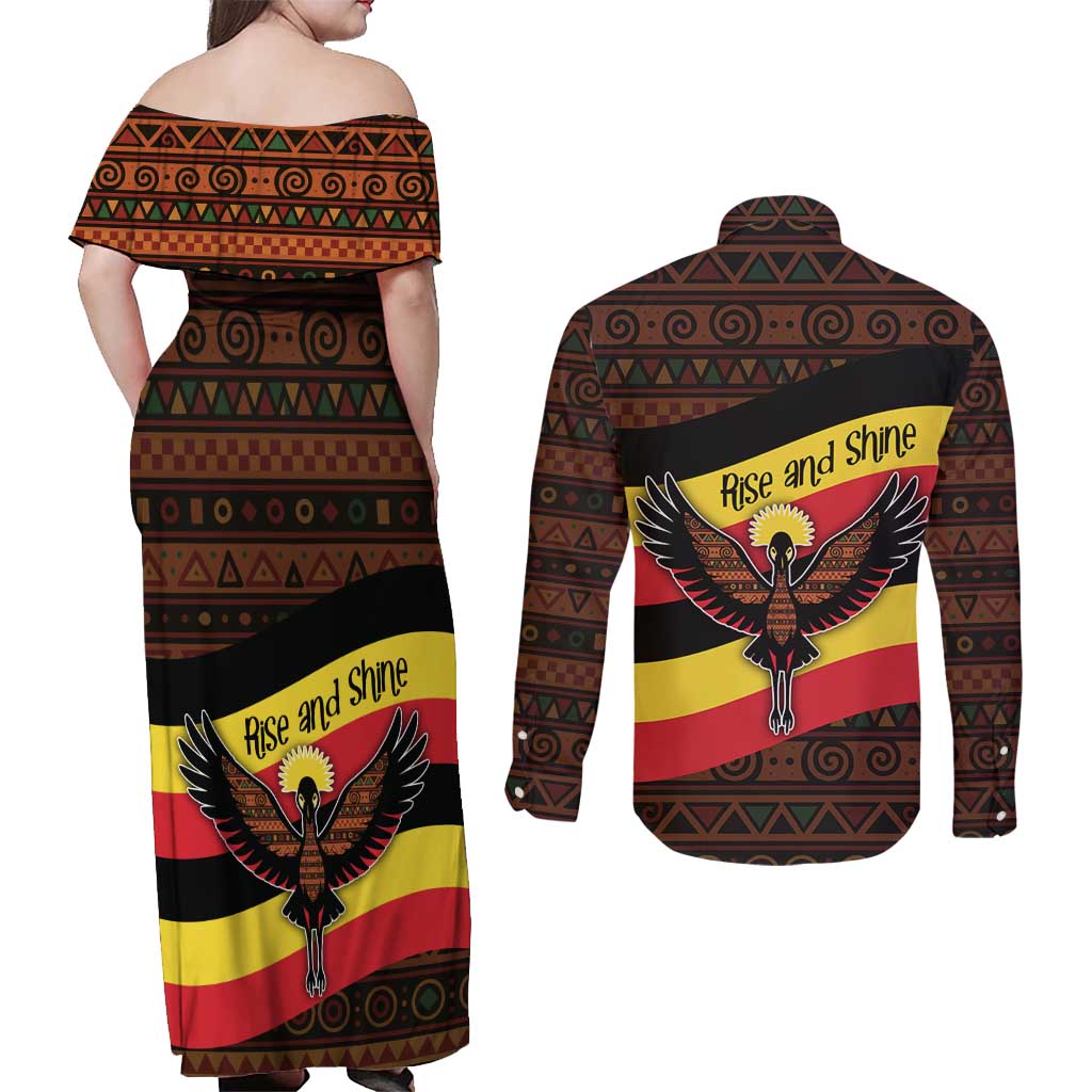 Uganda Couples Matching Off Shoulder Maxi Dress and Long Sleeve Button Shirt with Crested Crane and Rise and Shine Tribal Pattern Design