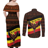 Uganda Couples Matching Off Shoulder Maxi Dress and Long Sleeve Button Shirt with Crested Crane and Rise and Shine Tribal Pattern Design