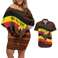 Uganda Couples Matching Off Shoulder Short Dress and Hawaiian Shirt with Crested Crane and Rise and Shine Tribal Pattern Design