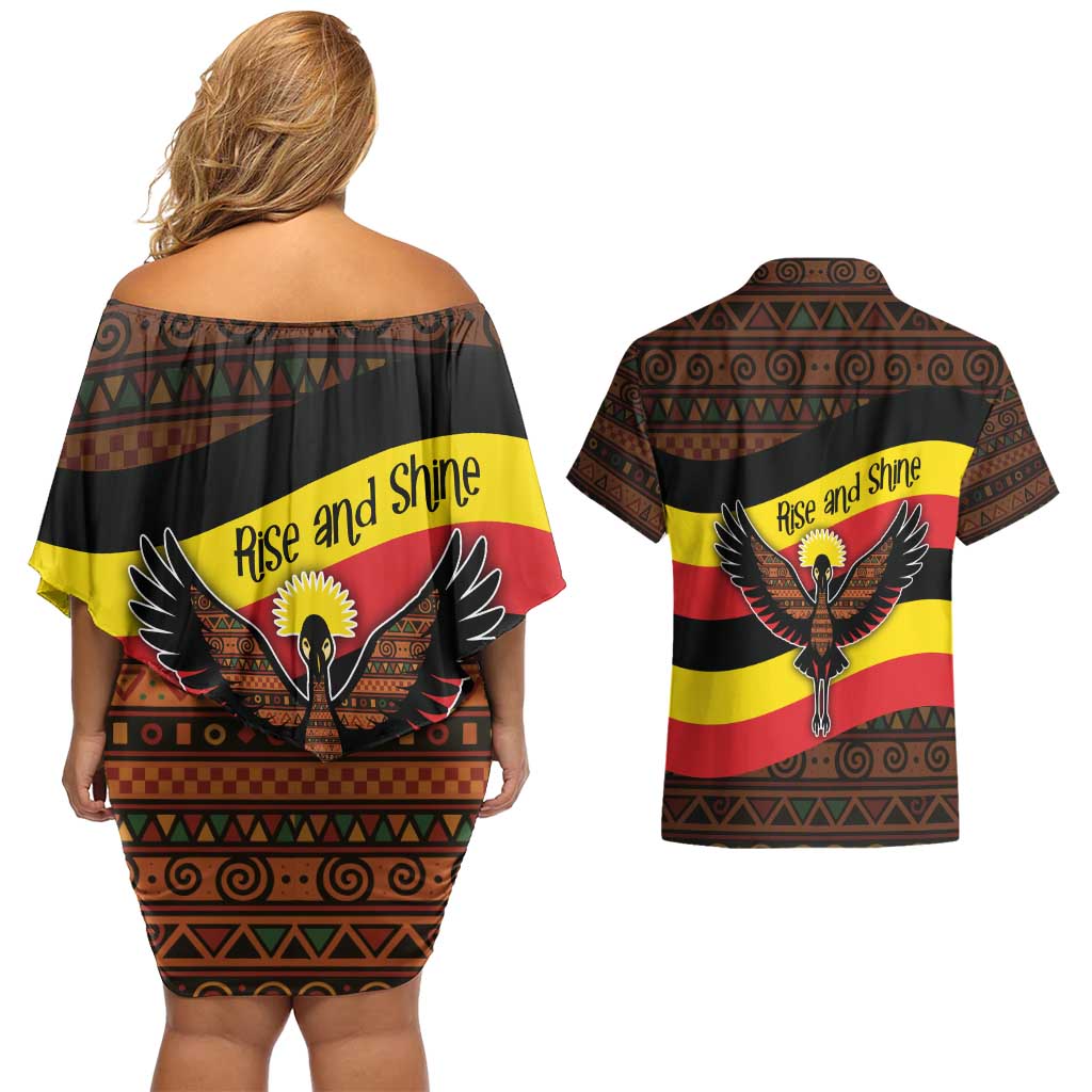Uganda Couples Matching Off Shoulder Short Dress and Hawaiian Shirt with Crested Crane and Rise and Shine Tribal Pattern Design