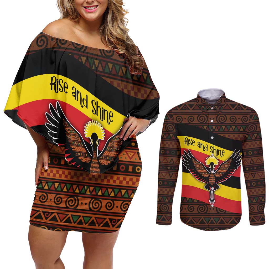 Uganda Couples Matching Off Shoulder Short Dress and Long Sleeve Button Shirt with Crested Crane and Rise and Shine Tribal Pattern Design