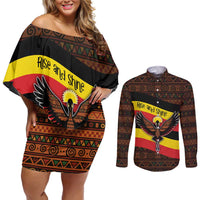 Uganda Couples Matching Off Shoulder Short Dress and Long Sleeve Button Shirt with Crested Crane and Rise and Shine Tribal Pattern Design