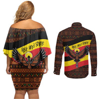 Uganda Couples Matching Off Shoulder Short Dress and Long Sleeve Button Shirt with Crested Crane and Rise and Shine Tribal Pattern Design