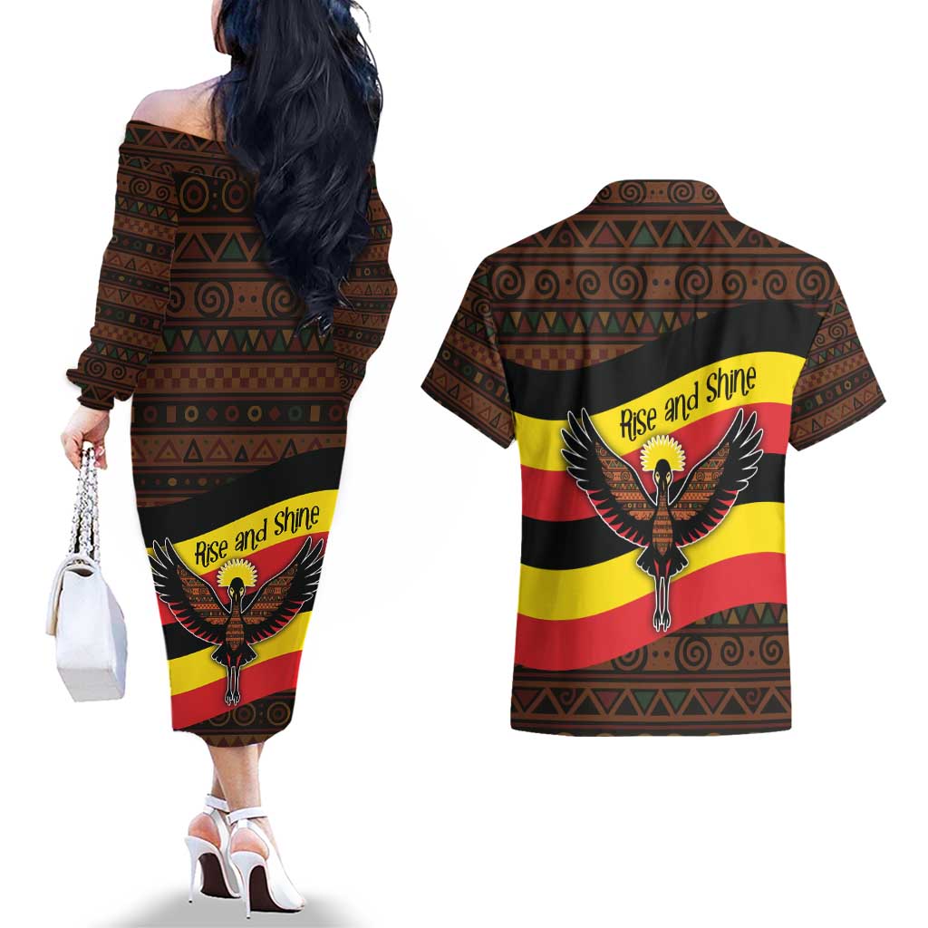 Uganda Couples Matching Off The Shoulder Long Sleeve Dress and Hawaiian Shirt with Crested Crane and Rise and Shine Tribal Pattern Design