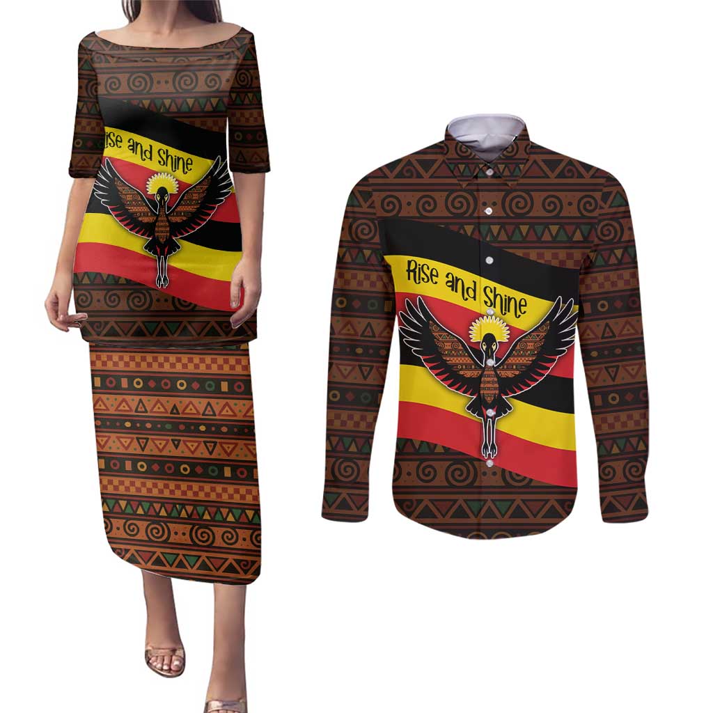 Uganda Couples Matching Puletasi and Long Sleeve Button Shirt with Crested Crane and Rise and Shine Tribal Pattern Design