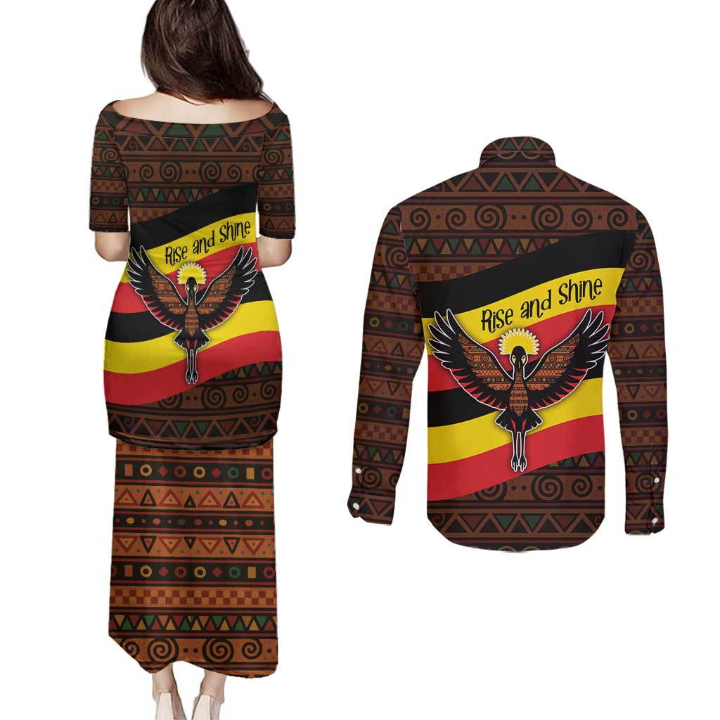 Uganda Couples Matching Puletasi and Long Sleeve Button Shirt with Crested Crane and Rise and Shine Tribal Pattern Design