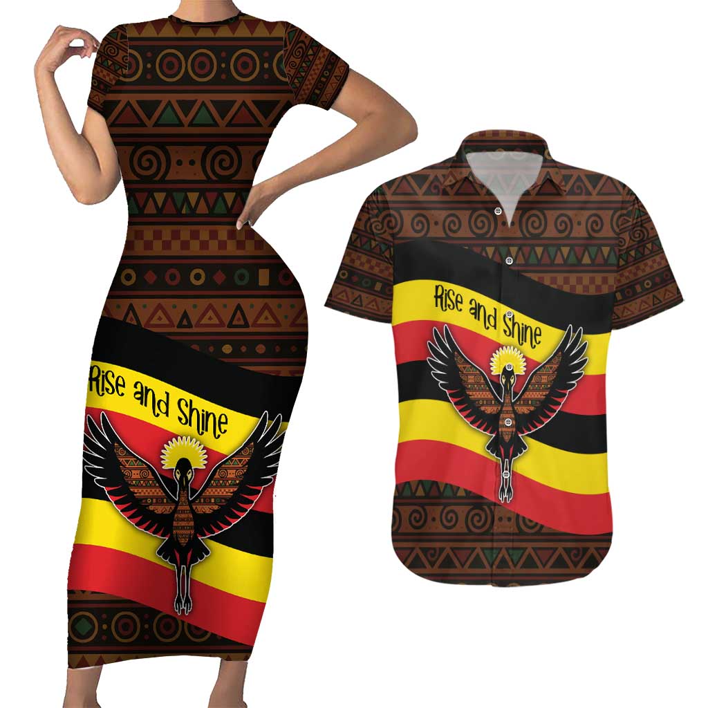 Uganda Couples Matching Short Sleeve Bodycon Dress and Hawaiian Shirt with Crested Crane and Rise and Shine Tribal Pattern Design