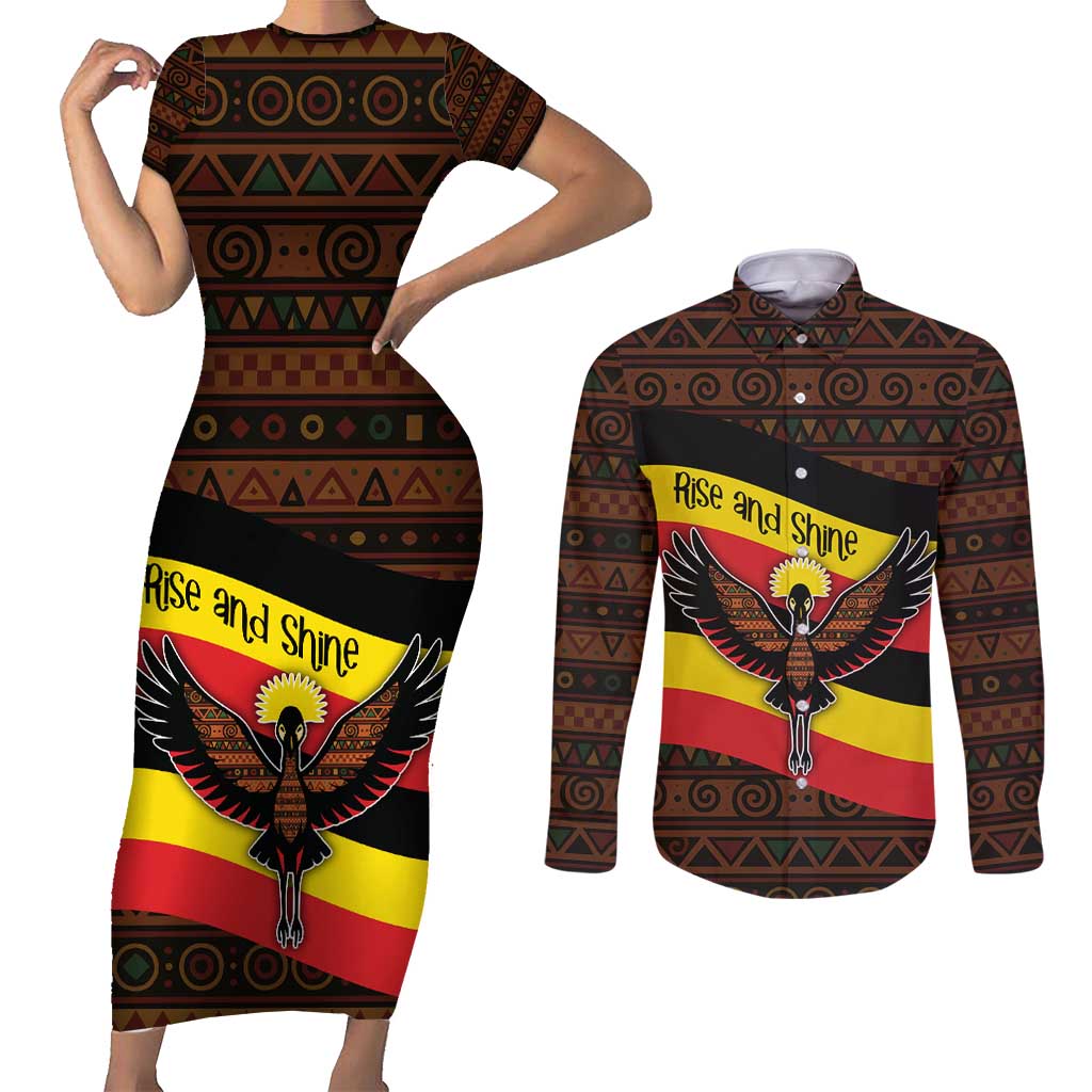 Uganda Couples Matching Short Sleeve Bodycon Dress and Long Sleeve Button Shirt with Crested Crane and Rise and Shine Tribal Pattern Design