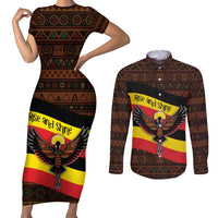 Uganda Couples Matching Short Sleeve Bodycon Dress and Long Sleeve Button Shirt with Crested Crane and Rise and Shine Tribal Pattern Design